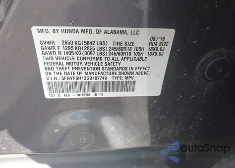 2016 Honda Pilot Lx z USA, uszkodzony, nr VIN 5FNYF6H13GB107749